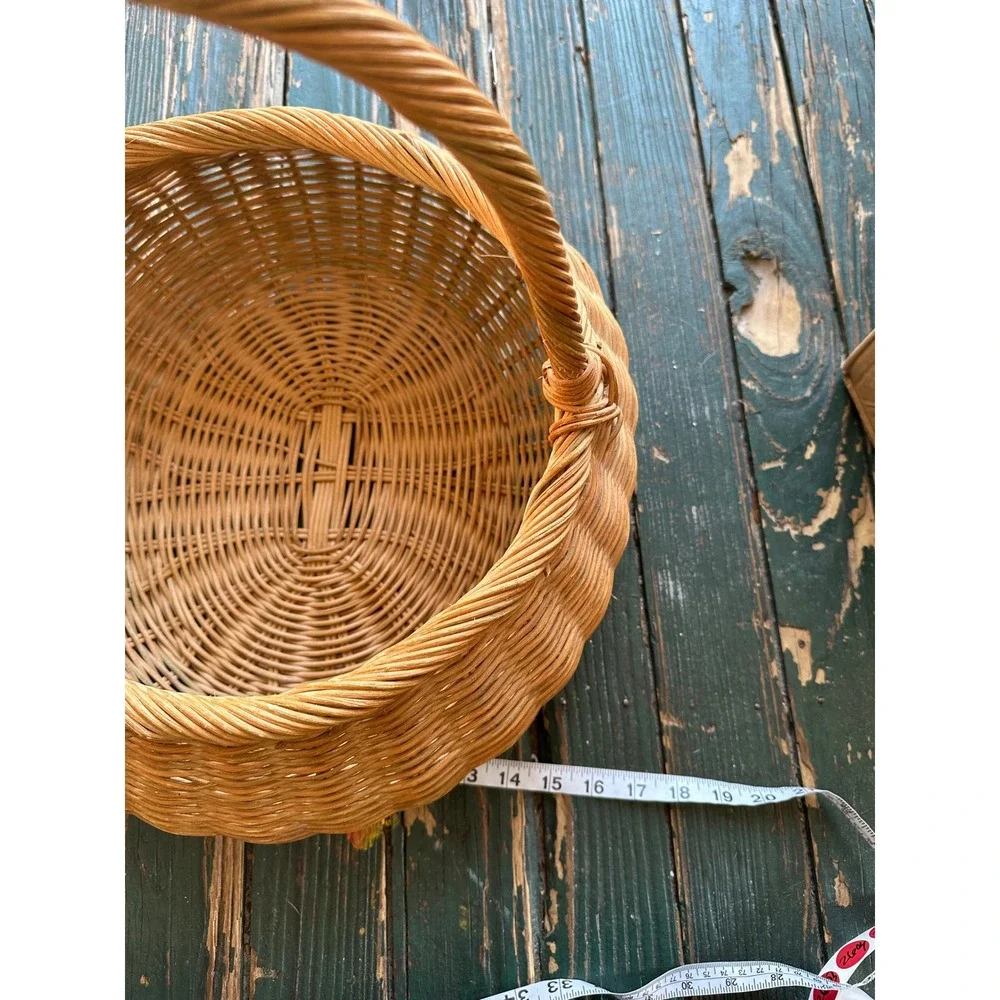 Vintage Wicker Market Basket Round Handwoven Rattan Boho Farmhouse Decor Handle